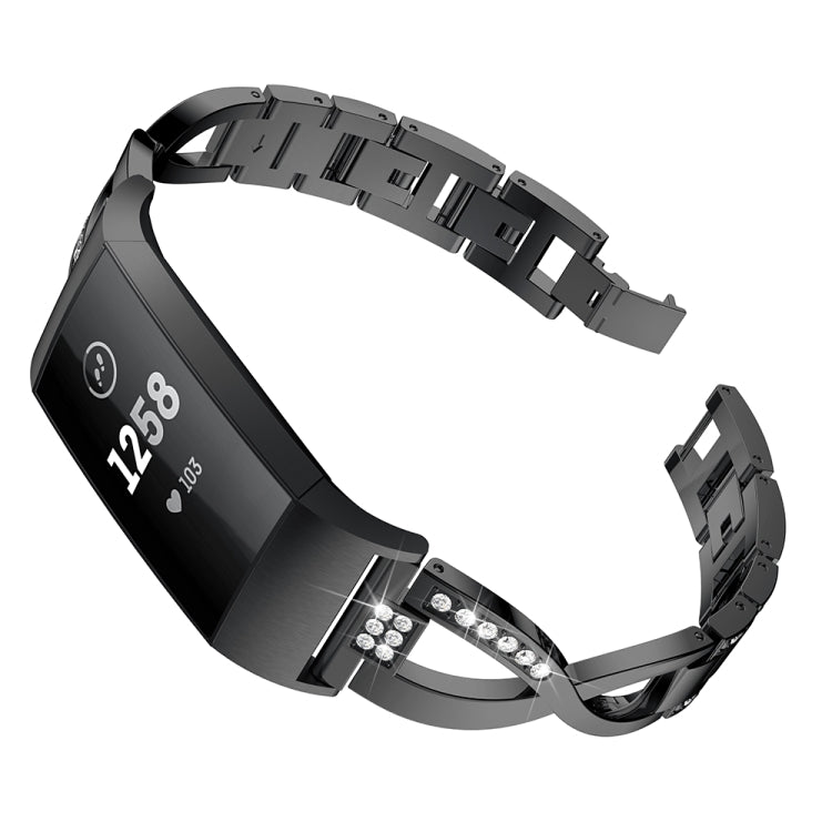 Bracelet de montre en acier et métal serti de diamants en forme de X pour Fitbit Charge 3