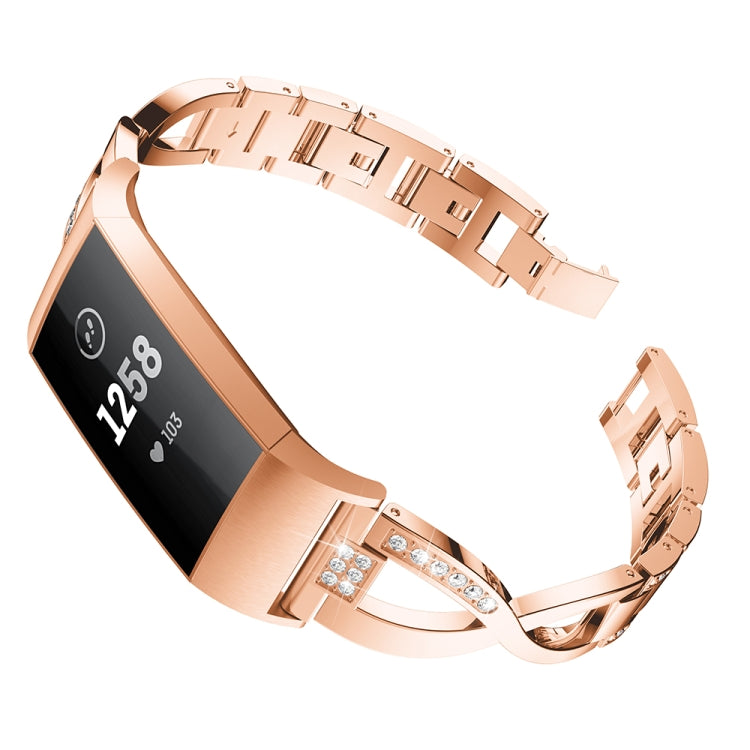 Bracelet de montre en acier et métal serti de diamants en forme de X pour Fitbit Charge 3