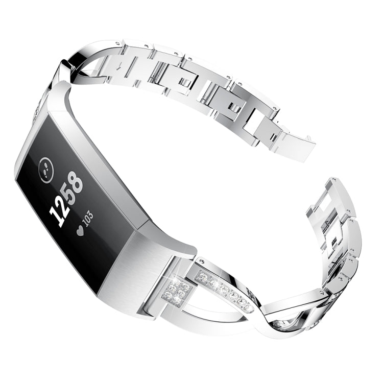 Bracelet de montre en acier et métal serti de diamants en forme de X pour Fitbit Charge 3