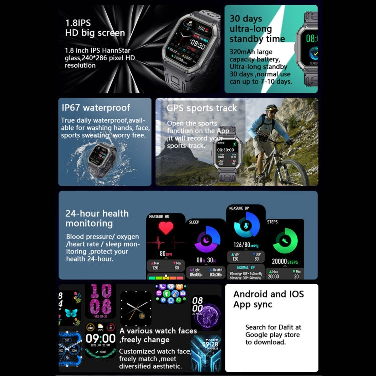 Montre connectée de sport étanche KR06, podomètre, prise en charge de la fréquence cardiaque, de la pression artérielle et des appels Bluetooth.