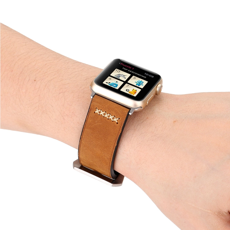 For Apple Watch Ultra 49mm&Watch Ultra 2 49mm / Series 10 46mm / 9&8&7 45mm / SE 3&SE 2&6&SE&5&4 44mm / 3&2&1 42mm Retro XX Line Pattern Genuine Leather Wrist Watch Band, For 42mm