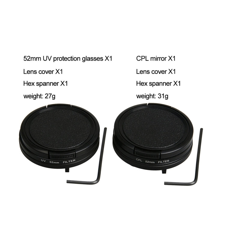 For GoPro HERO5 Proffesional 52mm Lens Filter(CPL Filter + Lens Protective Cap + Hex Spanner) & (UV Filter + Lens Protective Cap + Hex Spanner), 4 in 1
