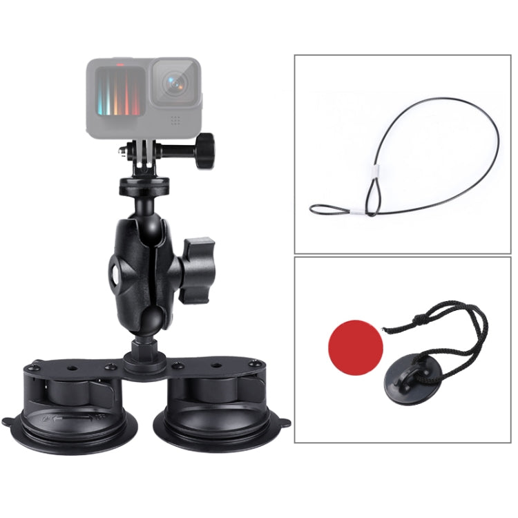 Dual Suction Cup Mount Holder with Tripod Adapter & Steel Tether & Safety Buckle, Dual Suction Cup