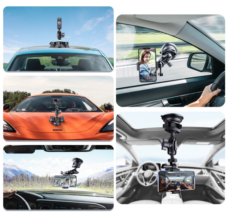 Dual Suction Cup Mount Holder with Tripod Adapter & Steel Tether & Safety Buckle, Dual Suction Cup