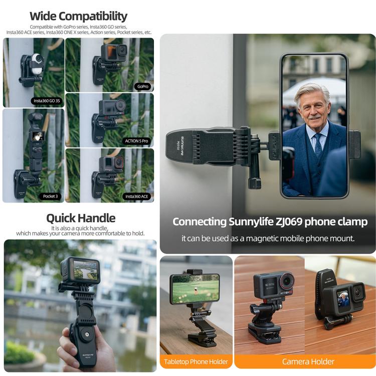 Sunnylife Stretchable Backpack Clip Rotatable Magnetic Mount Action Camera Holder Vlog Mount, For Action Cameras