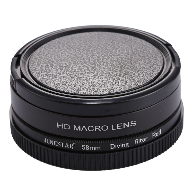 JSR 58mm 16X Macro Lens + Red Diving Lens Filter with Lens Cover + Lens Filter Ring Adapter + String + Cleaning Cloth for GoPro HERO6 /5 Dive Housing, For HERO6 /5
