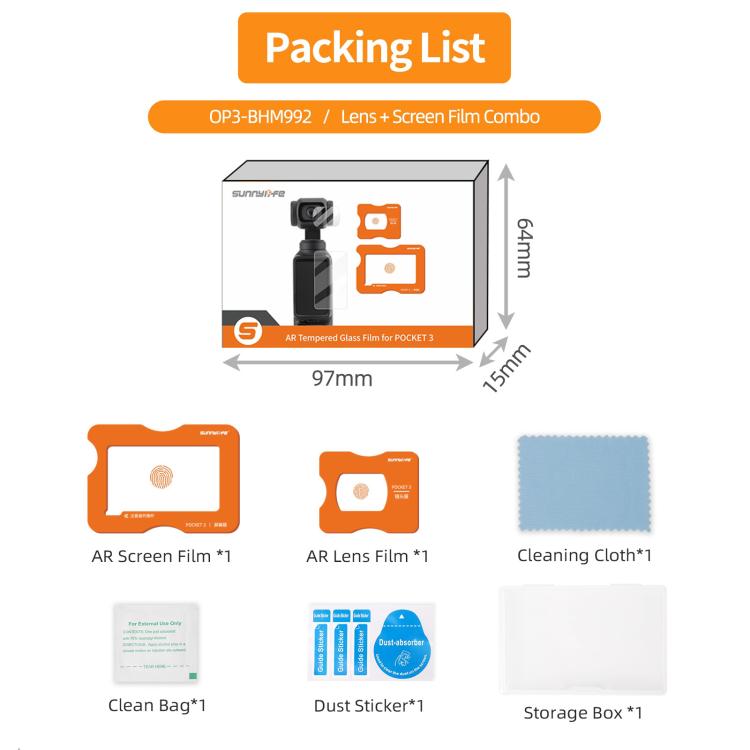 For DJI Osmo Pocket 3 Sunnylife Lens Screen Protector AR Anti-reflection Tempered Glass Film with Film Locator, Lens Screen Protector