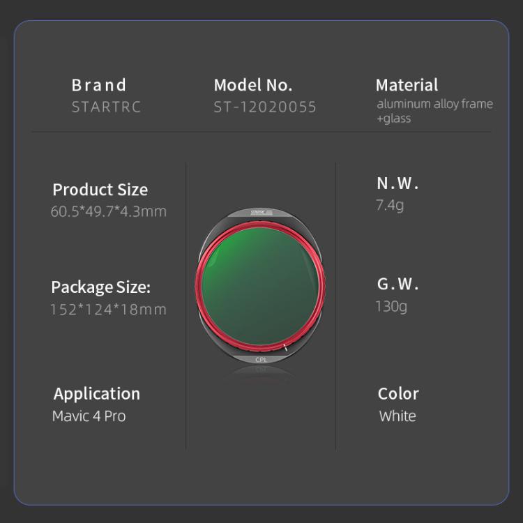 For DJI Mavic 4 Pro STARTRC CPL Lens Filter, CPL
