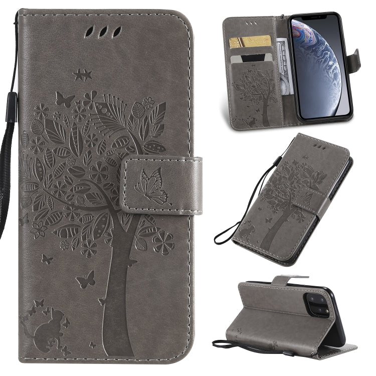 Tree & Cat Pattern Pressed Printing Horizontal Flip PU Leather Case with Holder & Card Slots & Wallet & Lanyard, For iPhone 11 Pro, For iPhone 11