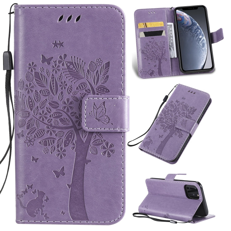 Tree & Cat Pattern Pressed Printing Horizontal Flip PU Leather Case with Holder & Card Slots & Wallet & Lanyard, For iPhone 11 Pro, For iPhone 11