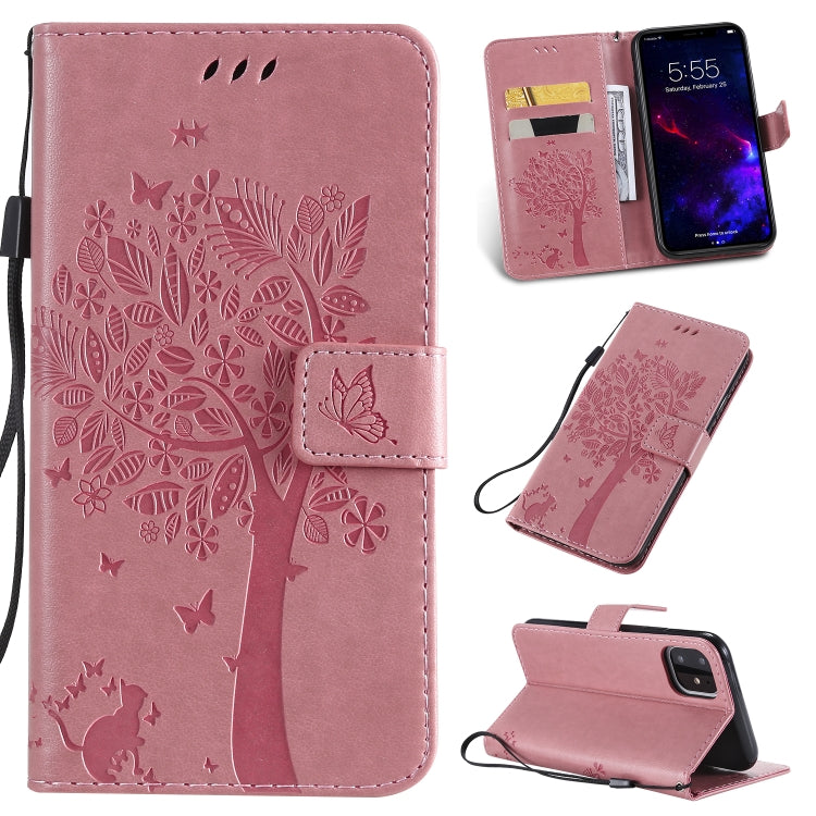 Tree & Cat Pattern Pressed Printing Horizontal Flip PU Leather Case with Holder & Card Slots & Wallet & Lanyard, For iPhone 11 Pro, For iPhone 11