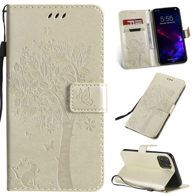 Tree & Cat Pattern Pressed Printing Horizontal Flip PU Leather Case with Holder & Card Slots & Wallet & Lanyard, For iPhone 11 Pro, For iPhone 11