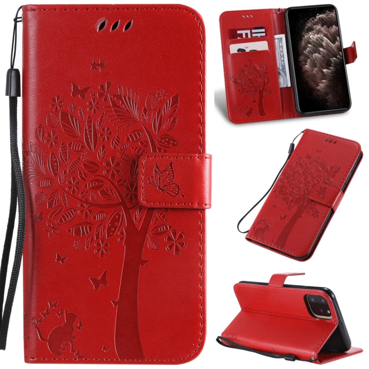 Tree & Cat Pattern Pressed Printing Horizontal Flip PU Leather Case with Holder & Card Slots & Wallet & Lanyard, For iPhone 11 Pro Max, For Vivo Y93 / Y91 / Y95