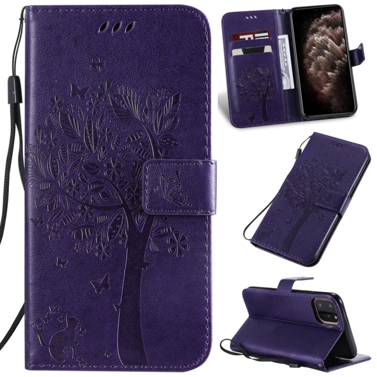 Tree & Cat Pattern Pressed Printing Horizontal Flip PU Leather Case with Holder & Card Slots & Wallet & Lanyard, For iPhone 11 Pro Max, For Vivo Y93 / Y91 / Y95