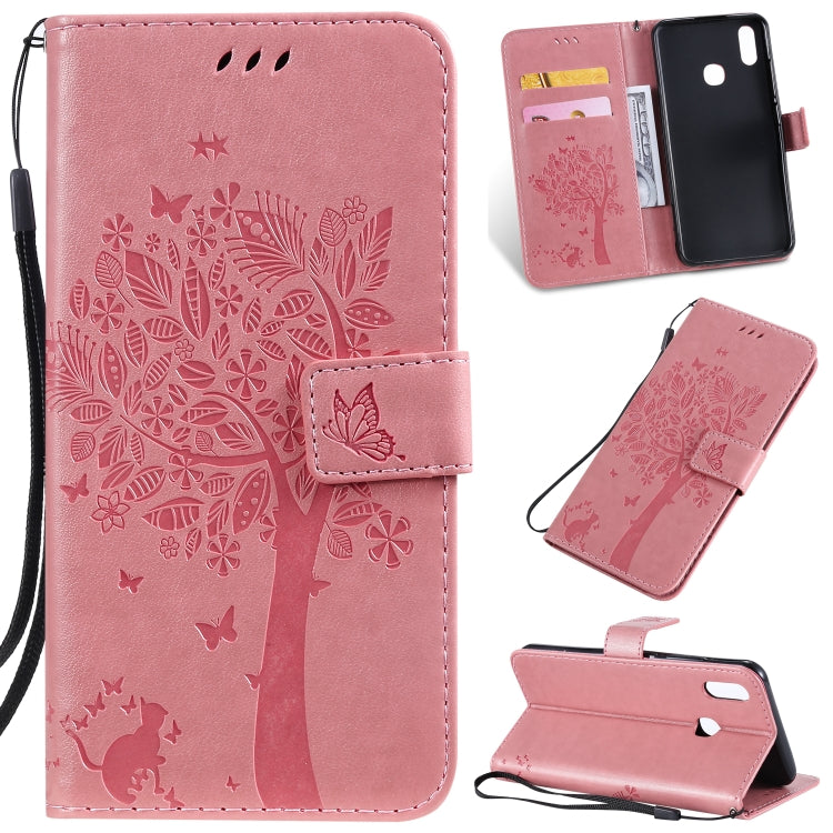 Tree & Cat Pattern Pressed Printing Horizontal Flip PU Leather Case with Holder & Card Slots & Wallet & Lanyard, For iPhone 11 Pro Max, For Vivo Y93 / Y91 / Y95