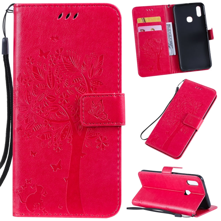 Tree & Cat Pattern Pressed Printing Horizontal Flip PU Leather Case with Holder & Card Slots & Wallet & Lanyard, For iPhone 11 Pro Max, For Vivo Y93 / Y91 / Y95