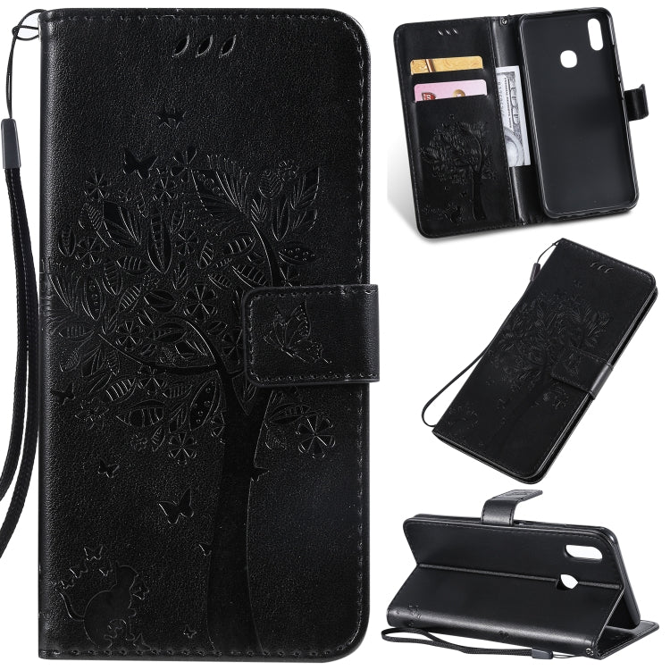 Tree & Cat Pattern Pressed Printing Horizontal Flip PU Leather Case with Holder & Card Slots & Wallet & Lanyard, For iPhone 11 Pro Max, For Vivo Y93 / Y91 / Y95