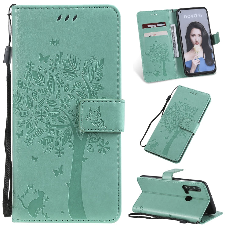 Tree & Cat Pattern Pressed Printing Horizontal Flip PU Leather Case with Holder & Card Slots & Wallet & Lanyard, For Huawei P20 Lite 2019 / Nova 5i, For Huawei P Smart Z / Y9 Prime 2019