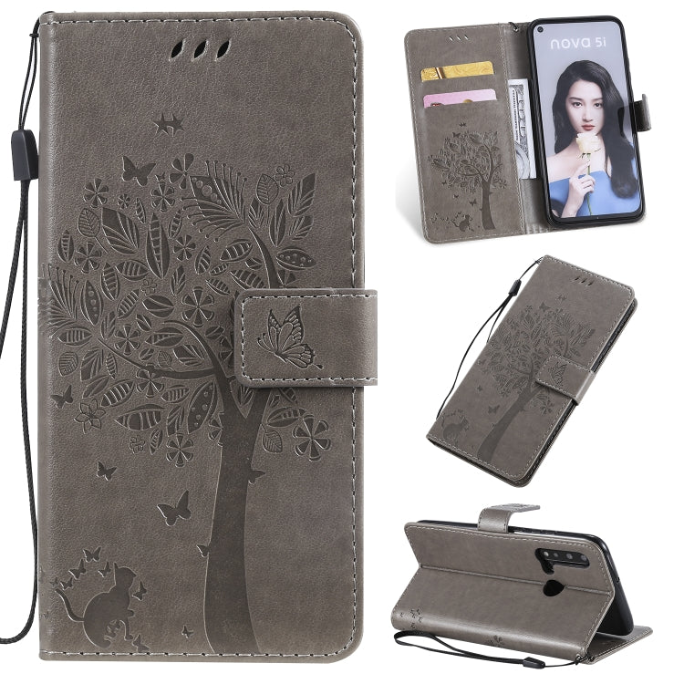 Tree & Cat Pattern Pressed Printing Horizontal Flip PU Leather Case with Holder & Card Slots & Wallet & Lanyard, For Huawei P20 Lite 2019 / Nova 5i, For Huawei P Smart Z / Y9 Prime 2019