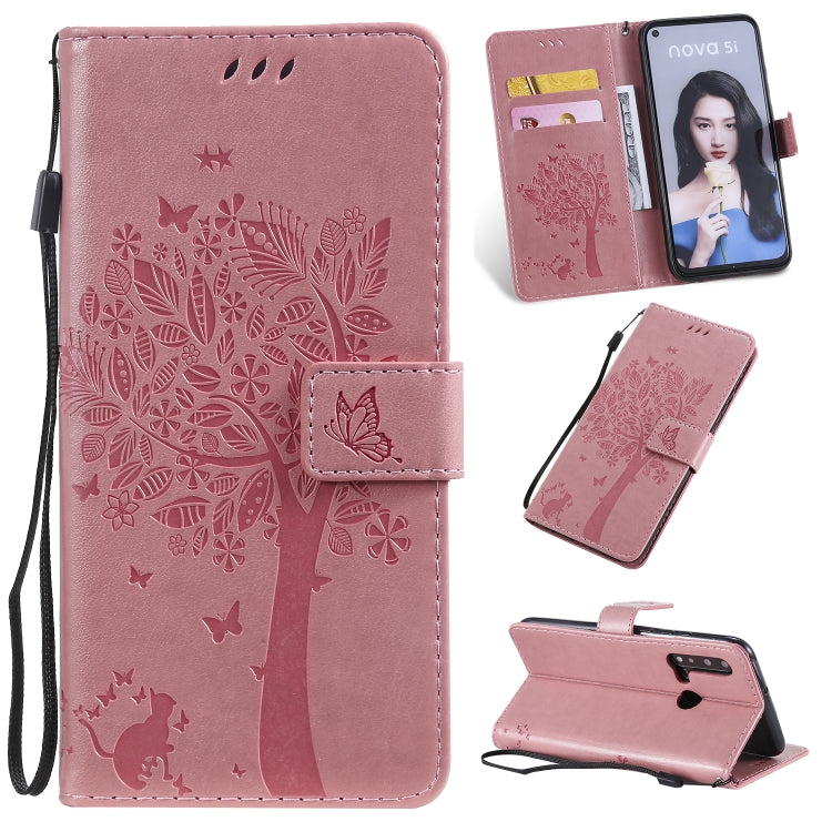 Tree & Cat Pattern Pressed Printing Horizontal Flip PU Leather Case with Holder & Card Slots & Wallet & Lanyard, For Huawei P20 Lite 2019 / Nova 5i, For Huawei P Smart Z / Y9 Prime 2019