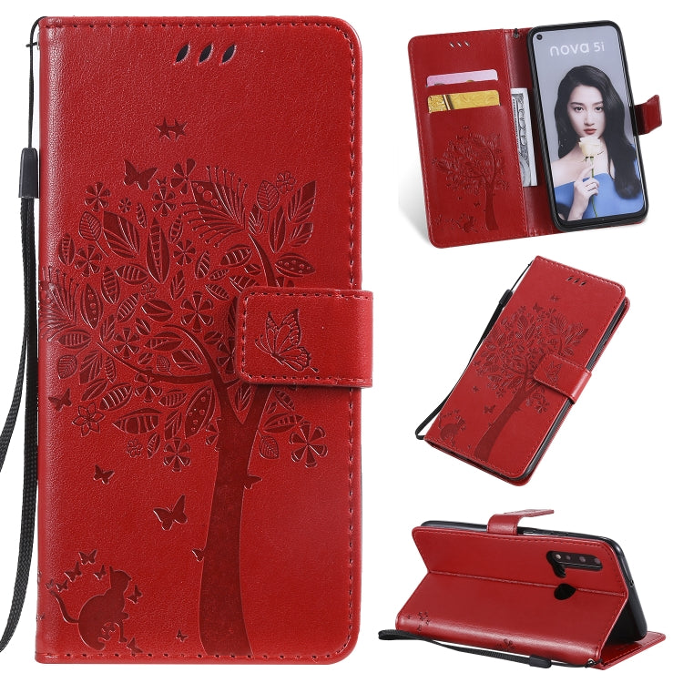 Tree & Cat Pattern Pressed Printing Horizontal Flip PU Leather Case with Holder & Card Slots & Wallet & Lanyard, For Huawei P20 Lite 2019 / Nova 5i, For Huawei P Smart Z / Y9 Prime 2019