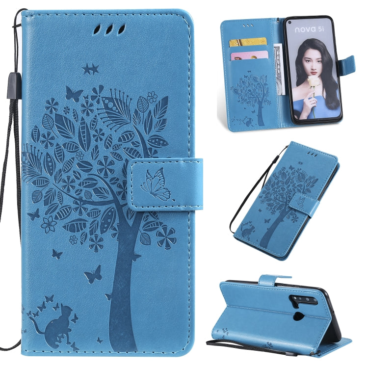 Tree & Cat Pattern Pressed Printing Horizontal Flip PU Leather Case with Holder & Card Slots & Wallet & Lanyard, For Huawei P20 Lite 2019 / Nova 5i, For Huawei P Smart Z / Y9 Prime 2019