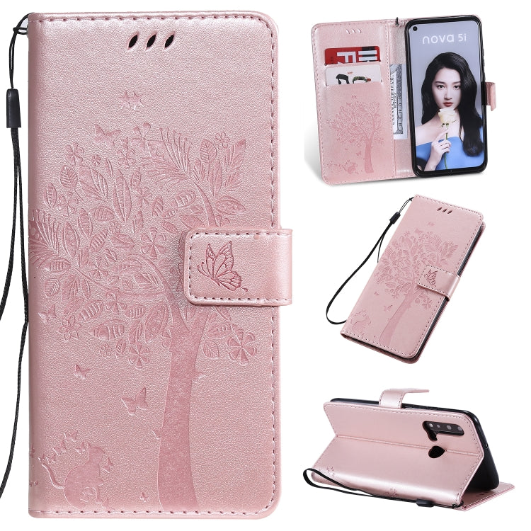 Tree & Cat Pattern Pressed Printing Horizontal Flip PU Leather Case with Holder & Card Slots & Wallet & Lanyard, For Huawei P20 Lite 2019 / Nova 5i, For Huawei P Smart Z / Y9 Prime 2019