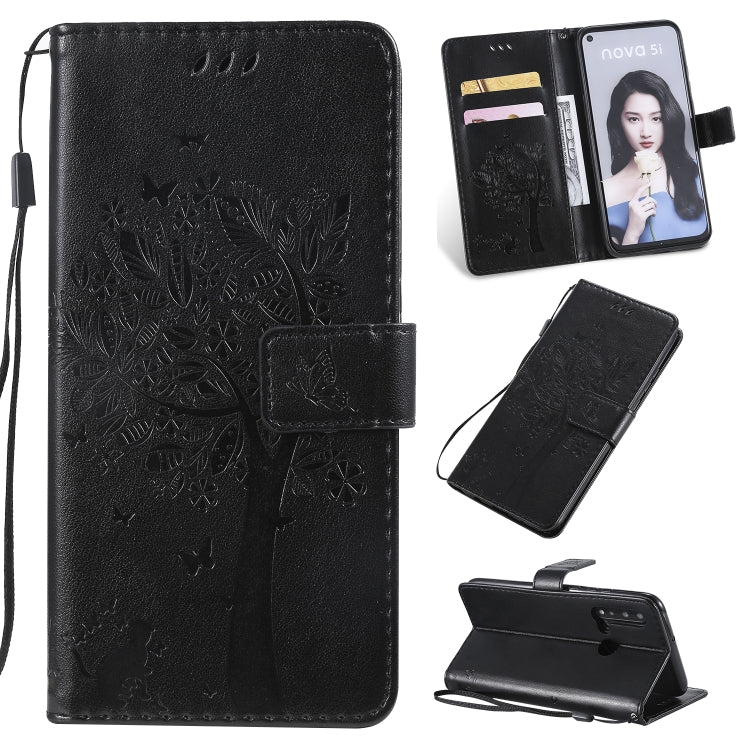 Tree & Cat Pattern Pressed Printing Horizontal Flip PU Leather Case with Holder & Card Slots & Wallet & Lanyard, For Huawei P20 Lite 2019 / Nova 5i, For Huawei P Smart Z / Y9 Prime 2019