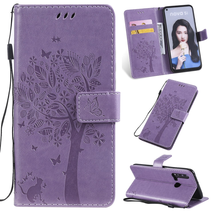 Tree & Cat Pattern Pressed Printing Horizontal Flip PU Leather Case with Holder & Card Slots & Wallet & Lanyard, For Huawei P20 Lite 2019 / Nova 5i, For Huawei P Smart Z / Y9 Prime 2019