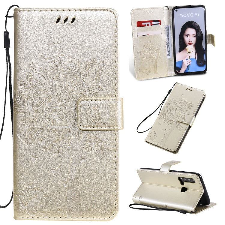 Tree & Cat Pattern Pressed Printing Horizontal Flip PU Leather Case with Holder & Card Slots & Wallet & Lanyard, For Huawei P20 Lite 2019 / Nova 5i, For Huawei P Smart Z / Y9 Prime 2019