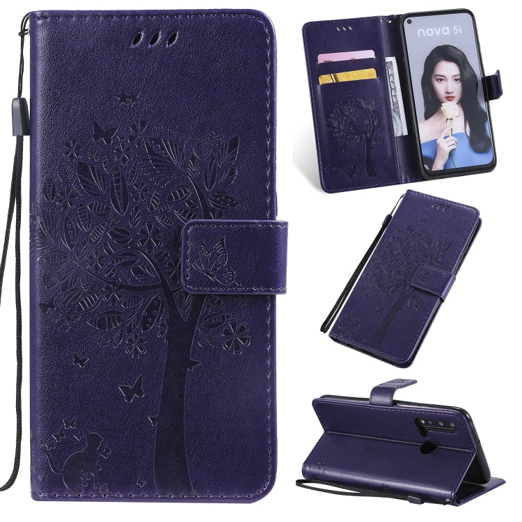 Tree & Cat Pattern Pressed Printing Horizontal Flip PU Leather Case with Holder & Card Slots & Wallet & Lanyard, For Huawei P20 Lite 2019 / Nova 5i, For Huawei P Smart Z / Y9 Prime 2019