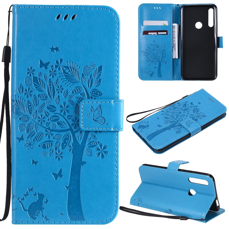 Tree & Cat Pattern Pressed Printing Horizontal Flip PU Leather Case with Holder & Card Slots & Wallet & Lanyard, For Huawei P20 Lite 2019 / Nova 5i, For Huawei P Smart Z / Y9 Prime 2019