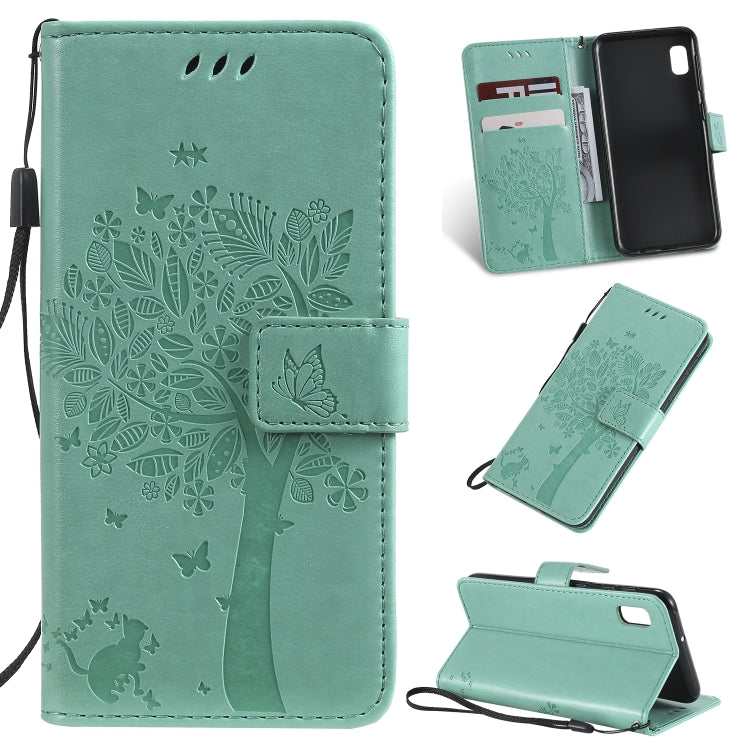 Étui à rabat horizontal en cuir PU avec motif arbre et chat, avec support, emplacements pour cartes, portefeuille et cordon, pour Huawei P Smart Z / Y9 Prime 2019 et Galaxy A10e