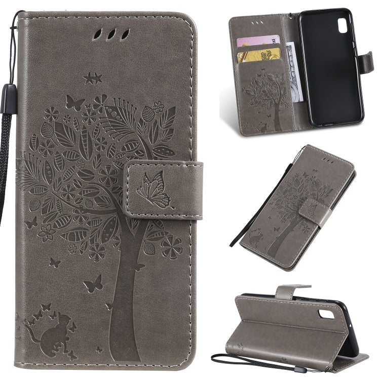 Étui à rabat horizontal en cuir PU avec motif arbre et chat, avec support, emplacements pour cartes, portefeuille et cordon, pour Huawei P Smart Z / Y9 Prime 2019 et Galaxy A10e