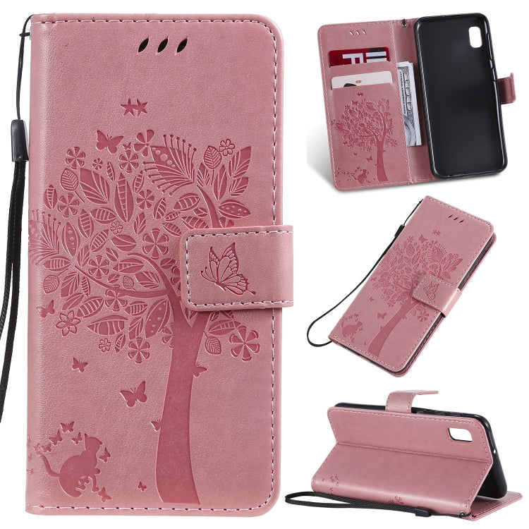 Étui à rabat horizontal en cuir PU avec motif arbre et chat, avec support, emplacements pour cartes, portefeuille et cordon, pour Huawei P Smart Z / Y9 Prime 2019 et Galaxy A10e