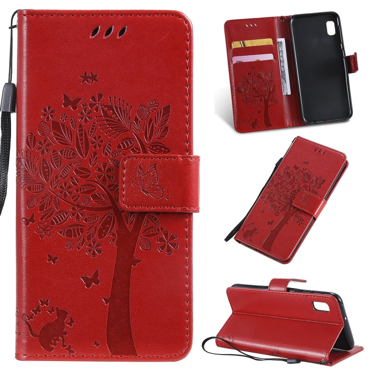 Étui à rabat horizontal en cuir PU avec motif arbre et chat, avec support, emplacements pour cartes, portefeuille et cordon, pour Huawei P Smart Z / Y9 Prime 2019 et Galaxy A10e