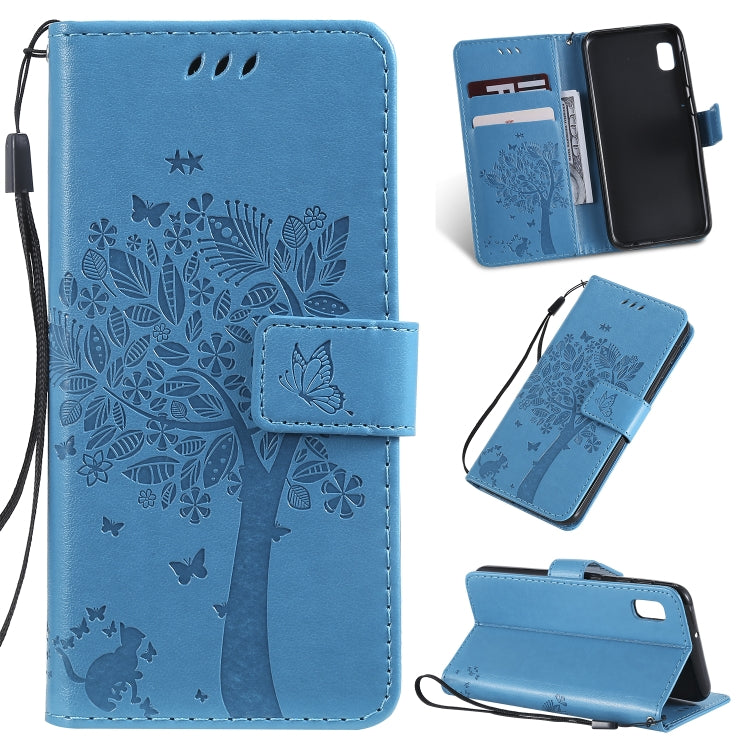 Étui à rabat horizontal en cuir PU avec motif arbre et chat, avec support, emplacements pour cartes, portefeuille et cordon, pour Huawei P Smart Z / Y9 Prime 2019 et Galaxy A10e