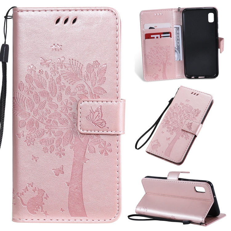 Étui à rabat horizontal en cuir PU avec motif arbre et chat, avec support, emplacements pour cartes, portefeuille et cordon, pour Huawei P Smart Z / Y9 Prime 2019 et Galaxy A10e