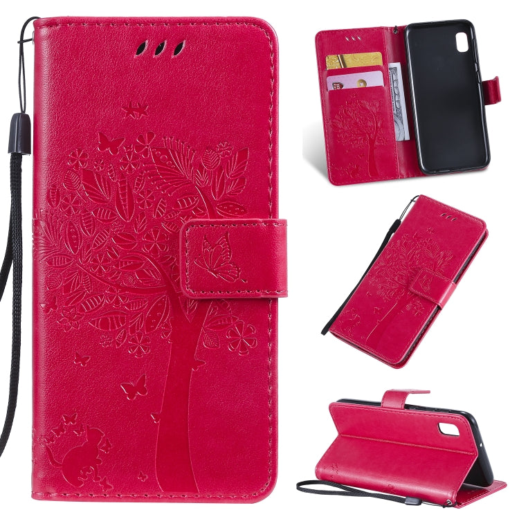 Étui à rabat horizontal en cuir PU avec motif arbre et chat, avec support, emplacements pour cartes, portefeuille et cordon, pour Huawei P Smart Z / Y9 Prime 2019 et Galaxy A10e