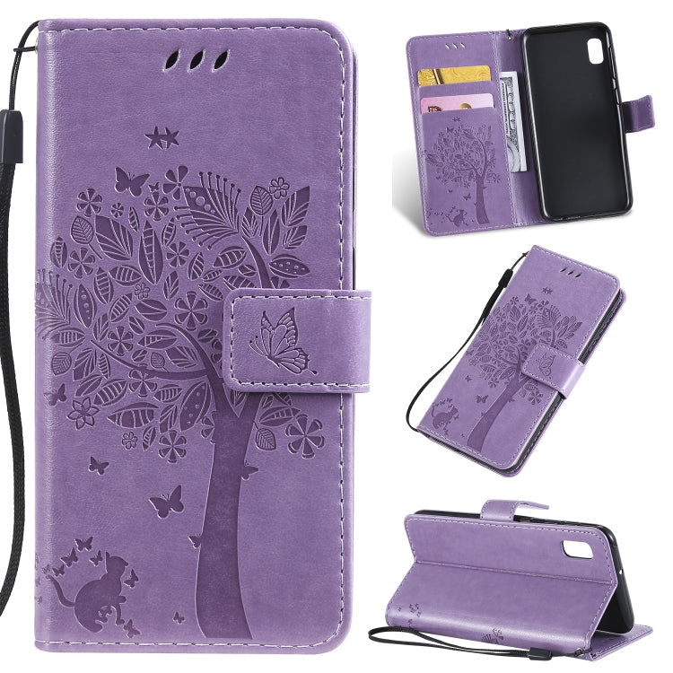 Étui à rabat horizontal en cuir PU avec motif arbre et chat, avec support, emplacements pour cartes, portefeuille et cordon, pour Huawei P Smart Z / Y9 Prime 2019 et Galaxy A10e
