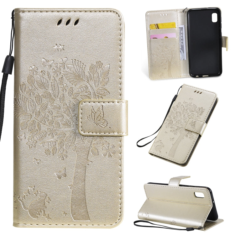 Étui à rabat horizontal en cuir PU avec motif arbre et chat, avec support, emplacements pour cartes, portefeuille et cordon, pour Huawei P Smart Z / Y9 Prime 2019 et Galaxy A10e