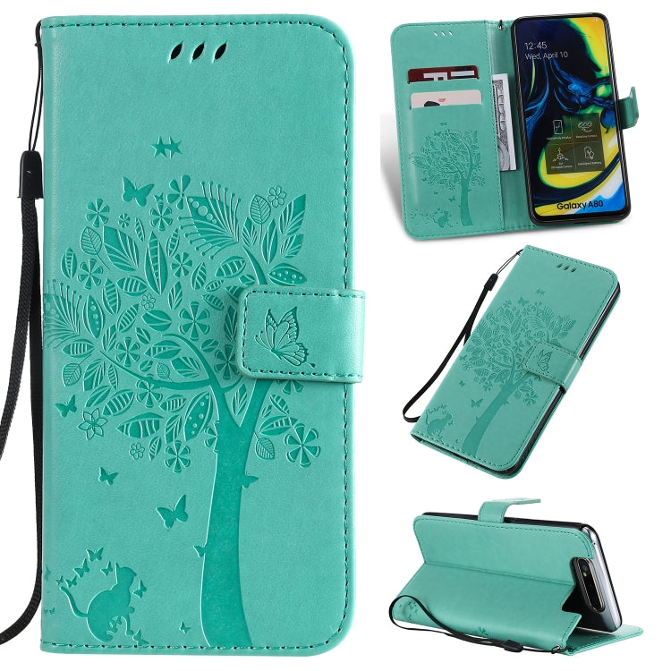 Tree & Cat Pattern Pressed Printing Horizontal Flip PU Leather Case with Holder & Card Slots & Wallet & Lanyard, For Galaxy A10e, For Galaxy A80