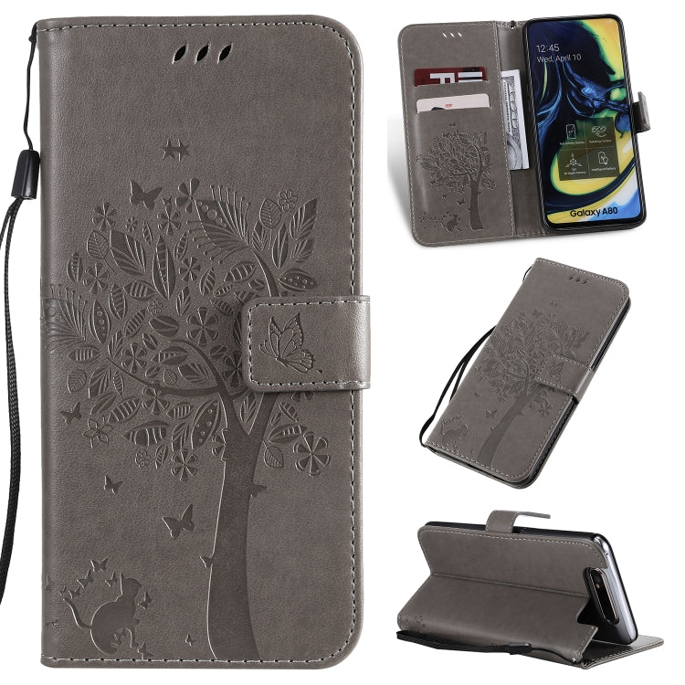 Tree & Cat Pattern Pressed Printing Horizontal Flip PU Leather Case with Holder & Card Slots & Wallet & Lanyard, For Galaxy A10e, For Galaxy A80