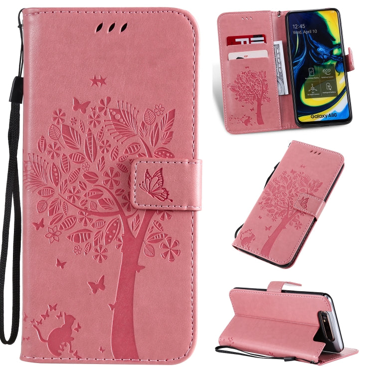 Tree & Cat Pattern Pressed Printing Horizontal Flip PU Leather Case with Holder & Card Slots & Wallet & Lanyard, For Galaxy A10e, For Galaxy A80