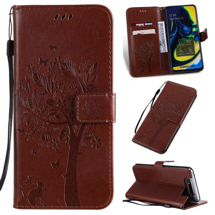 Tree & Cat Pattern Pressed Printing Horizontal Flip PU Leather Case with Holder & Card Slots & Wallet & Lanyard, For Galaxy A10e, For Galaxy A80