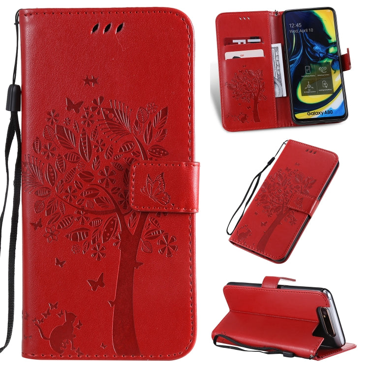 Étui à rabat horizontal en cuir PU avec motif arbre et chat, avec support, emplacements pour cartes, portefeuille et cordon, pour Huawei P Smart Z / Y9 Prime 2019 et Galaxy A10e