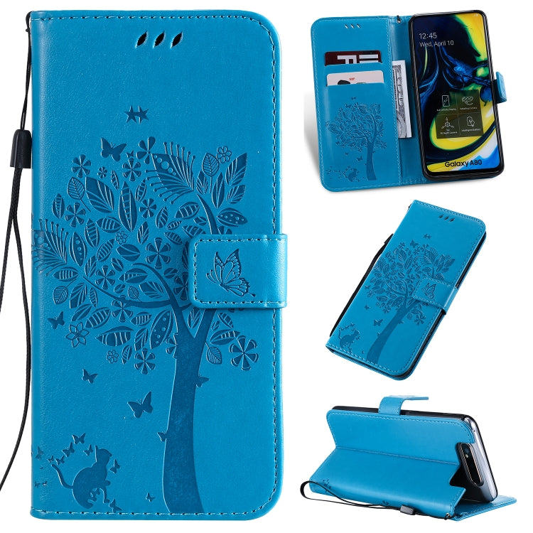 Étui à rabat horizontal en cuir PU avec motif arbre et chat, avec support, emplacements pour cartes, portefeuille et cordon, pour Huawei P Smart Z / Y9 Prime 2019 et Galaxy A10e