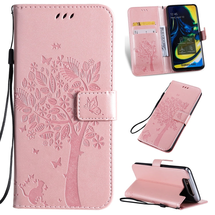 Tree & Cat Pattern Pressed Printing Horizontal Flip PU Leather Case with Holder & Card Slots & Wallet & Lanyard, For Galaxy A10e, For Galaxy A80