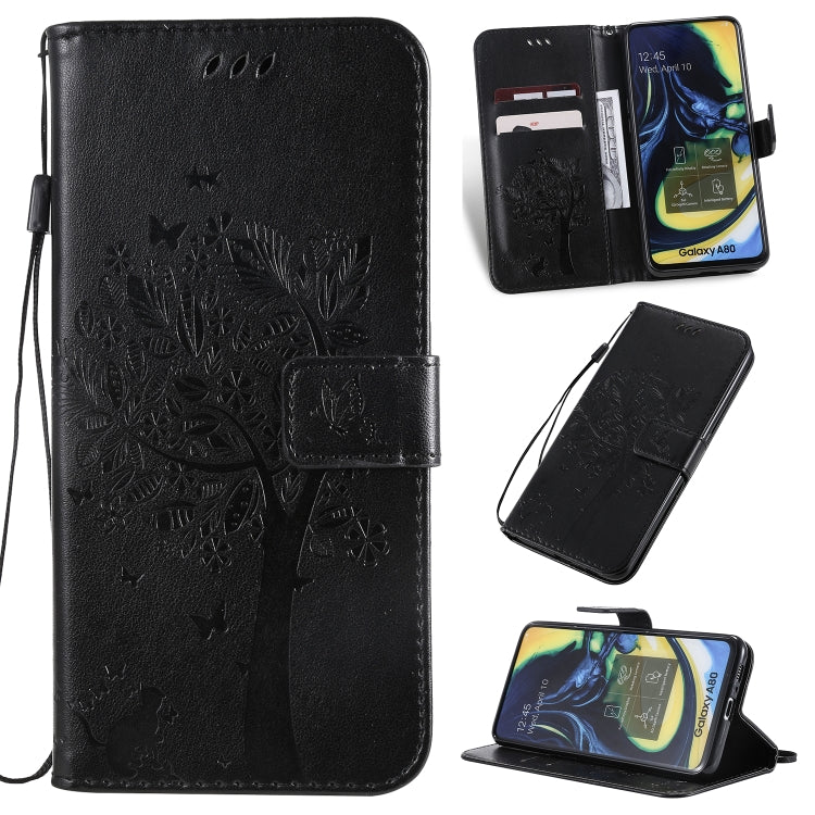 Tree & Cat Pattern Pressed Printing Horizontal Flip PU Leather Case with Holder & Card Slots & Wallet & Lanyard, For Galaxy A10e, For Galaxy A80