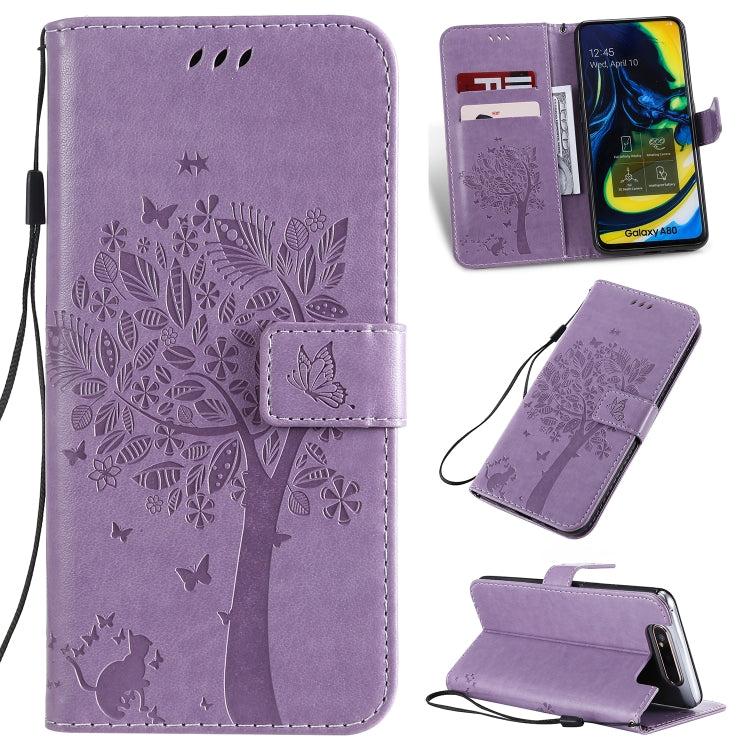 Tree & Cat Pattern Pressed Printing Horizontal Flip PU Leather Case with Holder & Card Slots & Wallet & Lanyard, For Galaxy A10e, For Galaxy A80